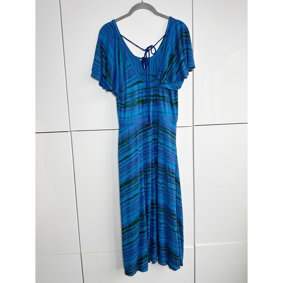 Plenty by Tracy Reese Flutter Sleeve Dress Blue Tie Back Midi Length Size Large - Picture 5 of 7